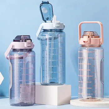 2000ml Plastikinis Vandens Butelis su Laiko Žymeklis, Didelės Talpos Plastikinių Vandens Puodelio Aukštos Kokybės Lauko Sporto Drinkware