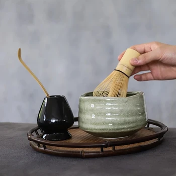 4pcs/įjungti tradicinį matti giftset bambuko matti scoop ceremic matti dubenyje suplakite savininkų japonų arbatos rinkiniai