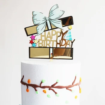 Ins Bowknot Happy Birthday Cake Toppers Aukso Akrilo Berniukas Mergaitė Gimtadienio Desertas Pyragas Topper Kūdikių Dušas Papuošalai
