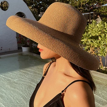 Mados Saulės Skrybėlės Ponios Kietas Paprastas Elegantiškas Platus Kraštų Skrybėlę Moterų Round Top Floppy Šiaudų Paplūdimio Skrybėlę Vasarą Moterys