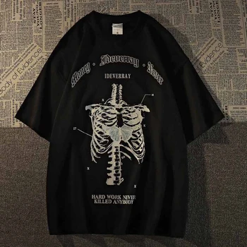 Mados Streetwear Gotikos moteriški Marškinėliai Skeletas Spausdinti Grunge Estetinės Goth Marškinėliai Tamsiai Grafinis Tee Unisex Pora Viršūnių Goth