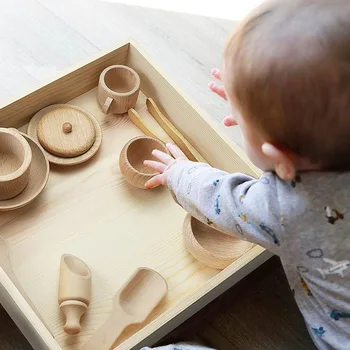 Montessori Atidaryti Medžiagos Mediniai Indai Lazdelės Įrašą Puodą Dubenėlį Maisto, Žaislų Rinkinys Jutimo Touch 