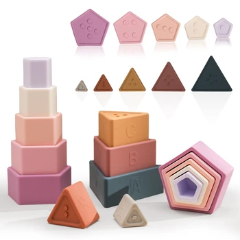 Montessori Silikono nelyginant Žaislai, Vaikų Krovimas Aštuonkampis Trikampis 3D Blokai Geometrinių raštų Krūvos Žaislų Kūdikių