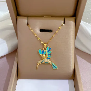 Naujas Kristalų Hummingbird Karoliai Moterims, Bižuterijos, Aukso Spalvos Emalio Paukščių, Gyvūnų, Kabamųjų Choker Collares Joyeria Mujer