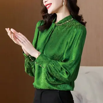 Žalia apykakle elastiniai marškinėliai moteriška rankovės 2022 m. pavasarį naujas temperamentas plonas aukštos kokybės lady ilgomis rankovėmis kietas palaidinė viršų