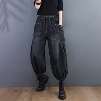 2022 m. Pavasarį, Rudenį Menų Stilius Moterys Elastinga Juosmens, Palaidi Medvilnės Džinsinio audinio Kulkšnies ilgio Kelnės Dvigubai Kišenėje Vintage Black Jeans C477