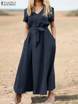 2022 ZANZEA Mados Elegantiškas Atsitiktinis Negabaritinių Kišenės Drabužius Moterims Vasaros Vintage Suknelė, Kietas trumpomis Rankovėmis V-Kaklo Diržas Sundress