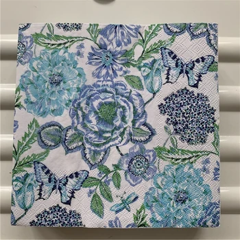 Dekupažas popierinių servetėlių elegantiškas audinio vintage blue rankšluostį drugelis gėlių, gimtadienis, vestuvės gražios servetėlės dekoro 20
