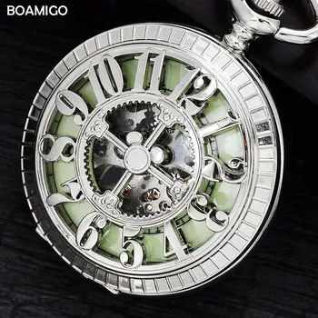 FOB kišeniniai laikrodžiai, antikvariniai vyrų mechaniniai laikrodžiai BOAMIGO prekės skeletas arbic skaičius laikrodžiai, sidabro dizaino laikrodis reloj hombre