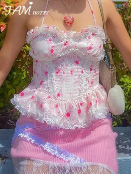 IAMHOTTY Gėlių Spausdinti Kawaii Korsetas Moterų Raukiniai, Nėriniai Korsetas Balta Estetinės Apynasrio Camis Fairycore Mielas Bustiers Lolita Viršūnės