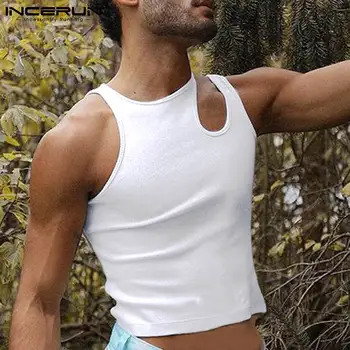INCERUN Viršūnes 2022 Amerikietiško Stiliaus Seksualus Laisvalaikio vyriški Marškinėliai Kieto Spalvų Comeforable Rankovių Peties Tuščiaviduriai Dizaino Marškinėliai S-5XL