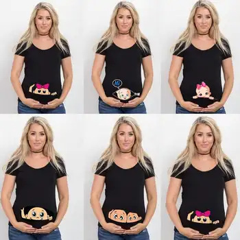 Juokingas Animacinių filmų Spausdinti Motinystės Drabužių Anouncement T-Shirts Nauja Mama Materinity Vasaros Trumpas Rankovės marškinėliai Nėštumo Drabužiai Dėvėti