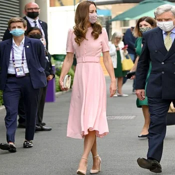 Kate Middleton Princesė Ilga Suknelė Moterų trumpomis Rankovėmis, Rožinės Suknelės Gatvės Vietoje Derliaus Elegantiškas Prašmatnus Drabužių