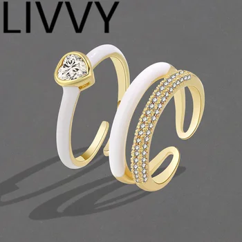 LIVVY Aukso Spalvos Elegantiškas Dvigubai Meilės Žiedas Dizainas Reguliuojamas Atidarymo Cirkonis Žiedai Moterims, Vestuviniai Papuošalai, Aksesuarai