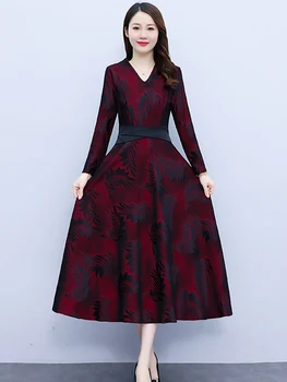 Megzti Prašmatnus Keltas Prabangių Gėlių Midi Suknelė 2022 Korėjos Derliaus Atsitiktinis Moteris Rudens-Žiemos Elegantiškas Bodycon Šalies Maxi Suknelės