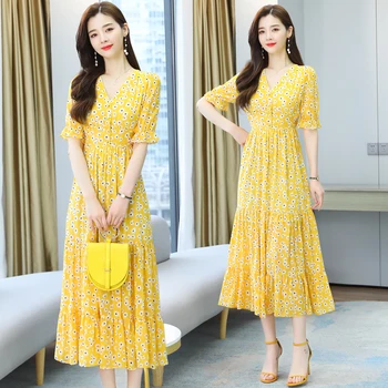 Moteris Ilgai Gėlių Šifono Suknelė Vasaros 2022 Boho Retro Pasakų Maxi Elegantiškas Atsitiktinis Šalies Paplūdimio Atostogų Kilimo Ir Tūpimo Tako Vestidos Korėjos Naujas