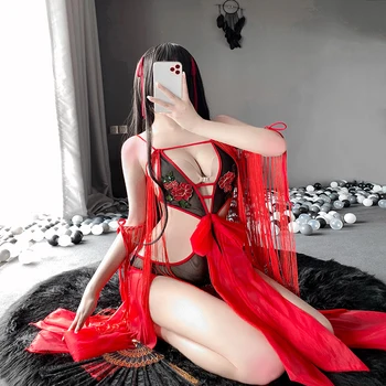 Nauja Japonų stiliaus Seksualus, Cosplay Kostiumai, Juostelės Nėrinių Šokių Kostiumas Už Moterų Erotinis apatinis Trikotažas Matyti Per Raudona Slim Kreivė Bodysuit