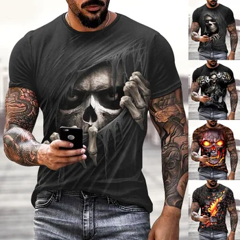 Naujų Gotikinio Siaubo Kaukolė 3D Print T-shirt Vyrų Mados Asmenybės Cool Trumpas rankovėmis Viršūnes Gatvės Hip-hop ' Negabaritinių Marškinėlius