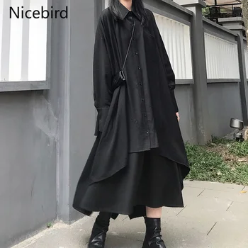 Nicebird Baggy Nereguliarus Rinkiniai, Moterų Ilgas Rankovėmis Palaidinė Ritininės Midi Sijonai Atitikimo Rinkinys Rudenį Japonijos Tamsiai Stiliaus Prabangus Dviejų Dalių