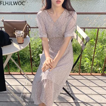 Pietų Korėja Elegantiškos Suknelės Karšto Pardavimo Moterų Flhjlwoc Stiliaus Dizainas Peteliškę V Kaklo Gėlių Spausdinti Temperamentas Derliaus Gėlių Ilga Suknelė