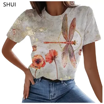 Ponios Mados Apvalios Kaklo trumpomis Rankovėmis T-shirt 3D Spausdinimo Elegantiškas ir apakinti Dragonfly Serijos Vasaros Gatvės Tendencija