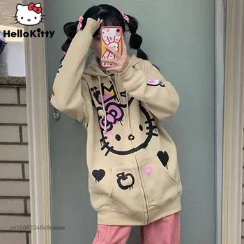 Sanrio Hello Kitty Mielas Spausdinti Sweatershirt Mados American Retro Aukštos Kokybės Prarasti Atsitiktinis Užtrauktukas Kailis Punk Y2k Top Moterims