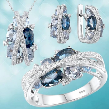 Sapphire Crystal Prabangus Papuošalų Rinkinys Moterims Kryžiaus Begalinis Žiedas, Auskarai, Karoliai Vestuvių Nuotakos Rinkinys Valentino Diena Dovana