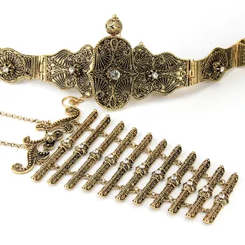 Sunspicems Vintage Retro Aukso Spalvos Kaukazo Diržo Breastplate Rinkiniai Su Balta Kristalų Moterų Etninės Vestuvių Papuošalai Metalo Grandinės