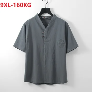 vasarą Vyrams marškinėliai trumpomis rankovėmis homewear lino medvilnės derliaus Kinų stiliaus didelis dydis 7XL 8XL 9XL v-kaklo, trišakiai mygtuką viršūnes juoda