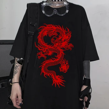 Vyrų Marškinėliai Grunge Moterų Tshirts Harajuku Dragon Drabužių Grafinis Y2k Viršūnes Estetinės Derliaus Femme Stiliaus Negabaritinių Marškinėliai