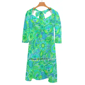 Žalia Gėlių Galia Kvadratinių Kaklo Suknelė Naują Plius Dydžio Elegantiškas Moterų Juosmens Stora Suknelė 60S 70S Gėlės Groovy